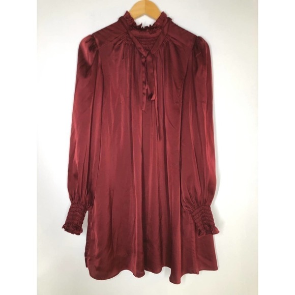 Adam Lippes Charmeuse Dress Ruffle Neck Burgundy 2 - Picture 5 of 13